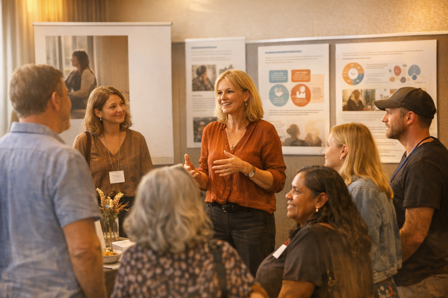 photographic An exhibition at a womens mental health conference in Australia talking to men and women no text in image warm light overlay-2