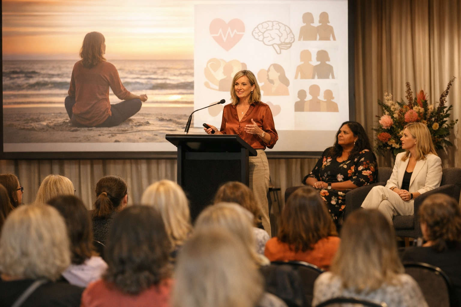 photographic photographic image of a presentation at a womens mental health conference in Australia no text in image warm light colour photographic photographic image of a presentation at a womens mental health conference in Australia no text in image warm light colour