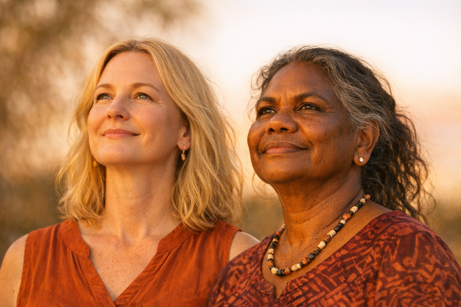 photographic two australian women one white and one aboriginal or torresstrait islander looking calm and happy with warm colors with their heads up st-1 photographic two australian women one white and one aboriginal or torresstrait islander looking calm and happy with warm colors with their heads up st-1
